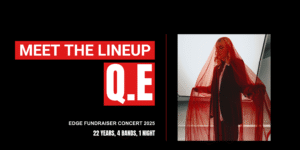 Graphic with text stating 'meet the lineup Q.E. with photo woman in suit with red veil over her.