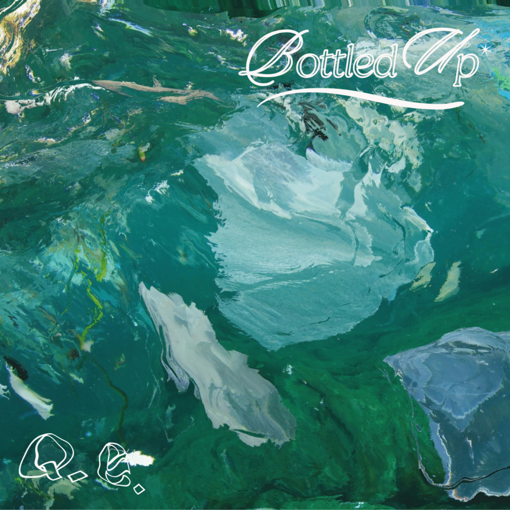 Blue and green abstract water effect artwork with text 'bottle up'