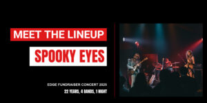 black banner with text 'meet the lineup spooky eyes' with photo of band on stage