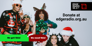 Teens pose in christmas clothes and ask you to donate to Edge Radio